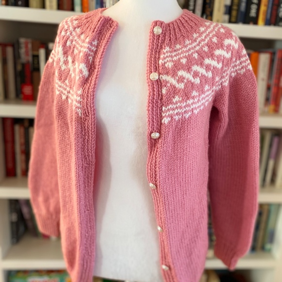 Handmade Vintage Knit Cardigan | Pink & Cream Fair Isle | Size Women’s Small | B - Picture 4 of 8